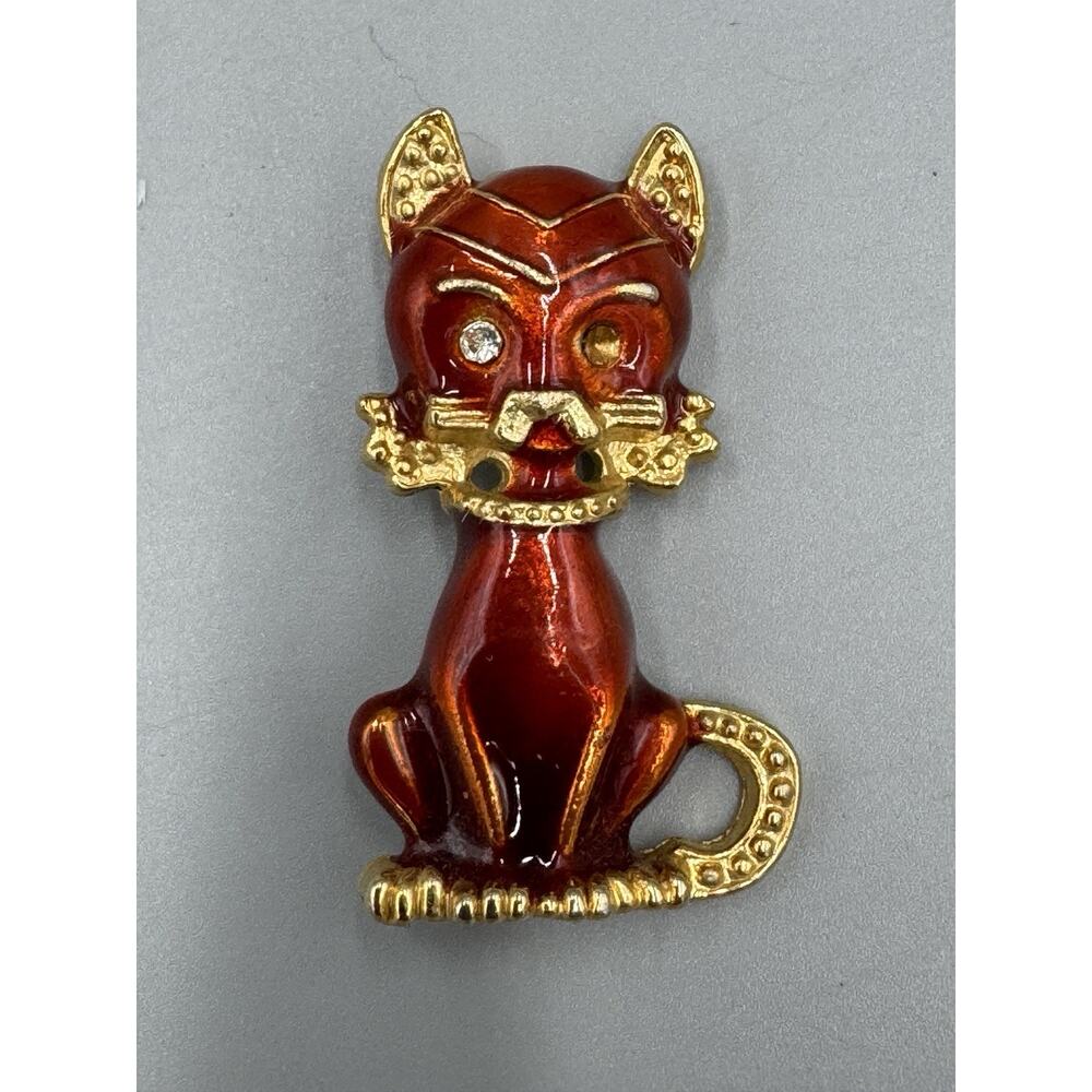 Vintage Brown Orange Cat Brooch Seated Rhinestone Missing One Stone READ DETAILS